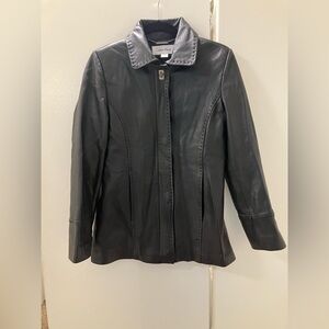 Calvin Klein Womens Black Leather Long Jacket Sz XS EUC Top Stitching